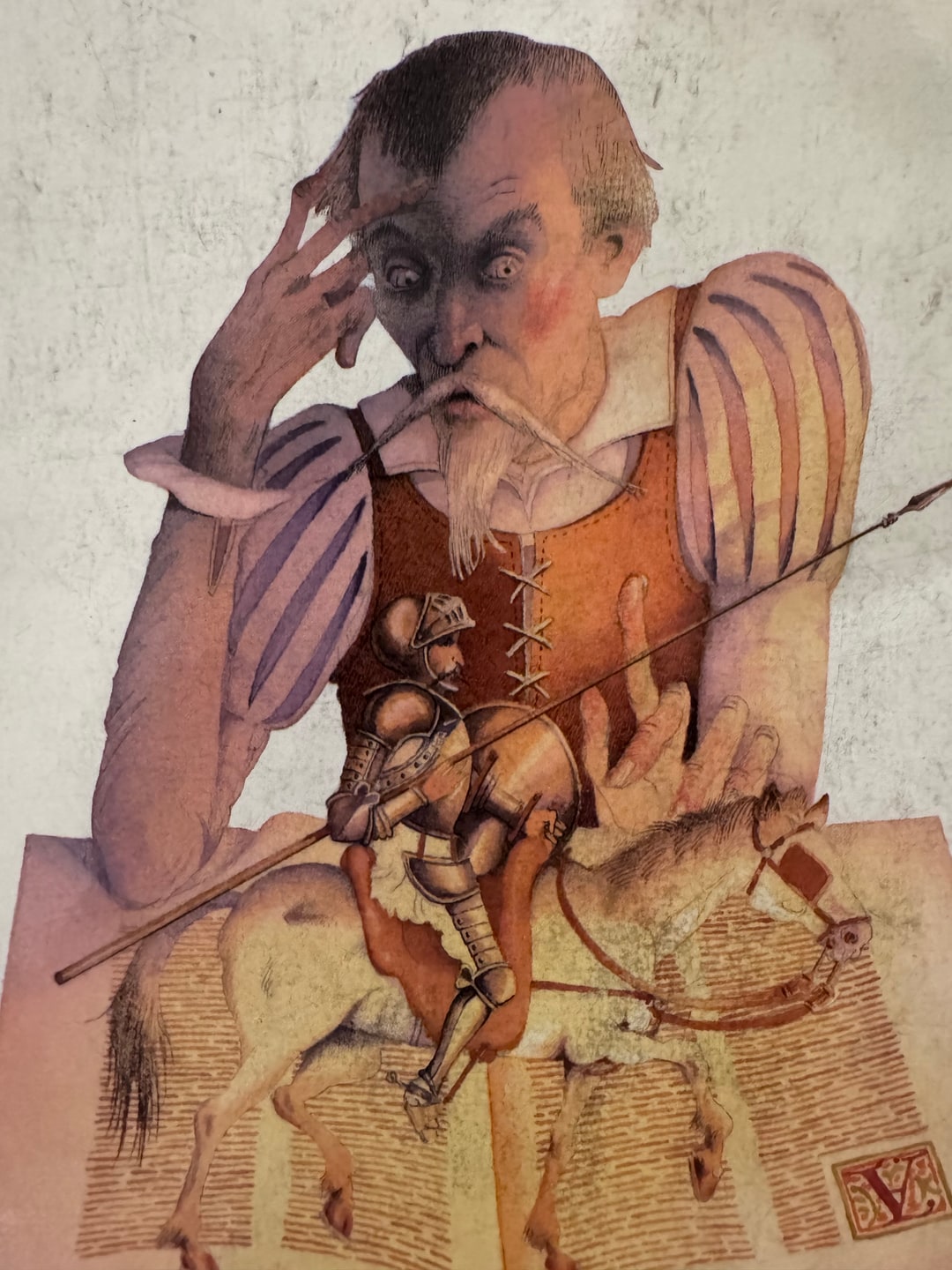 Don Quixote studying a tiny knight on horseback.